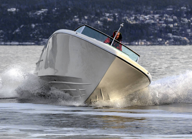 New Coronet boat full speed ahead on the sea