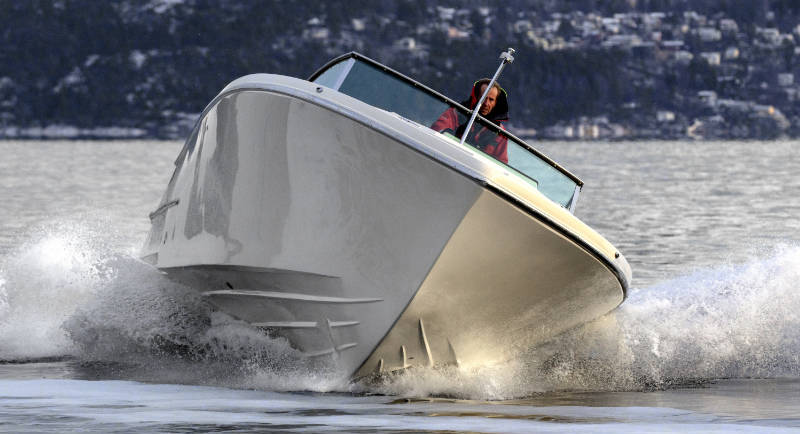 New Coronet boat full speed ahead on the sea